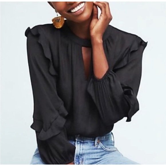 Dolan Black Ruffled Trim Keyhole Blouse S - Picture 2 of 13